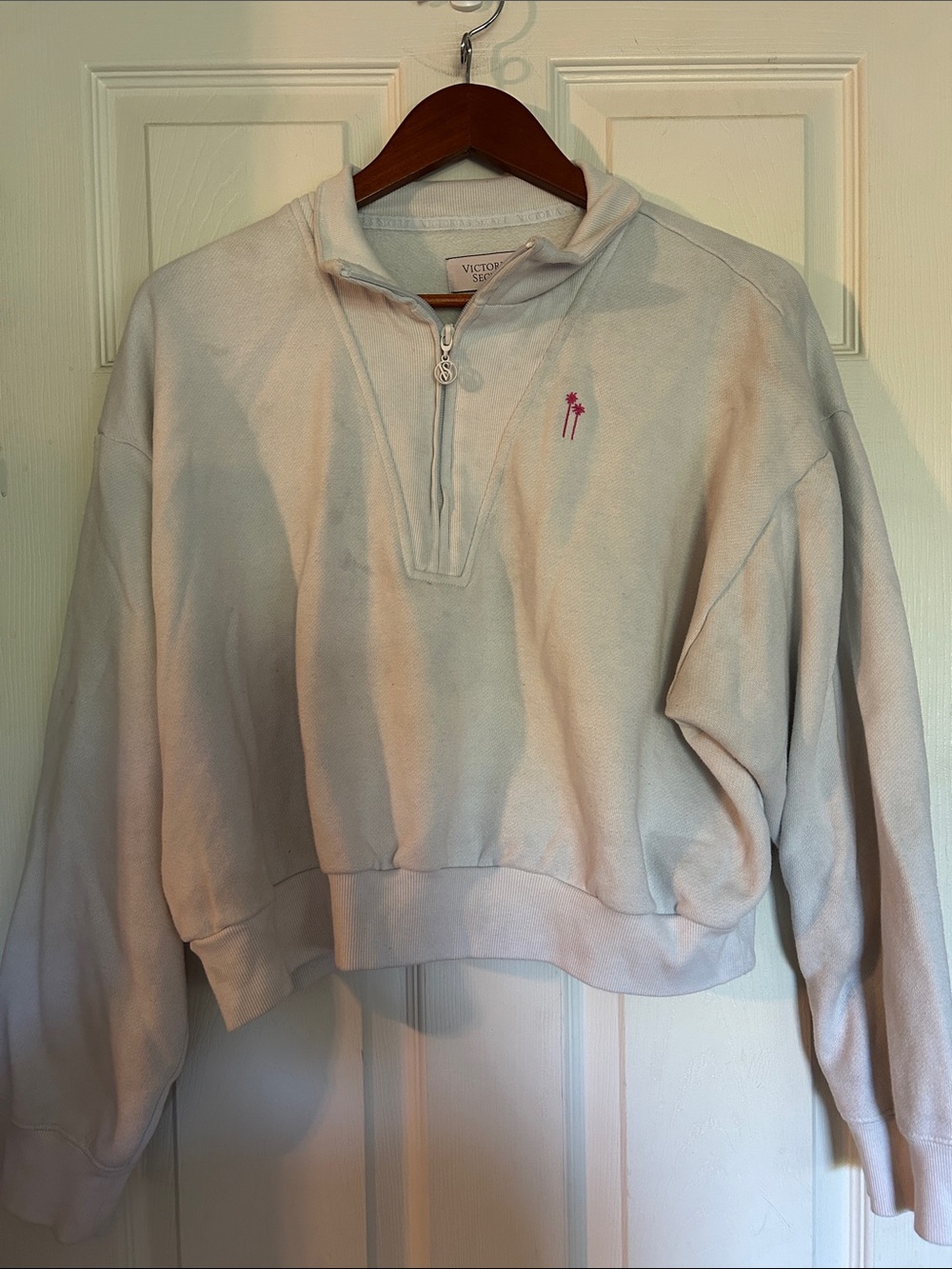 Victoria's Secret White Quarter-Zip Sweatshirt with Pink Logo